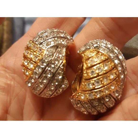 Vintage Earrings Clip On Glamour Rhinestone Heavy Unsigned Gold And Silver Toned - Picture 1 of 8